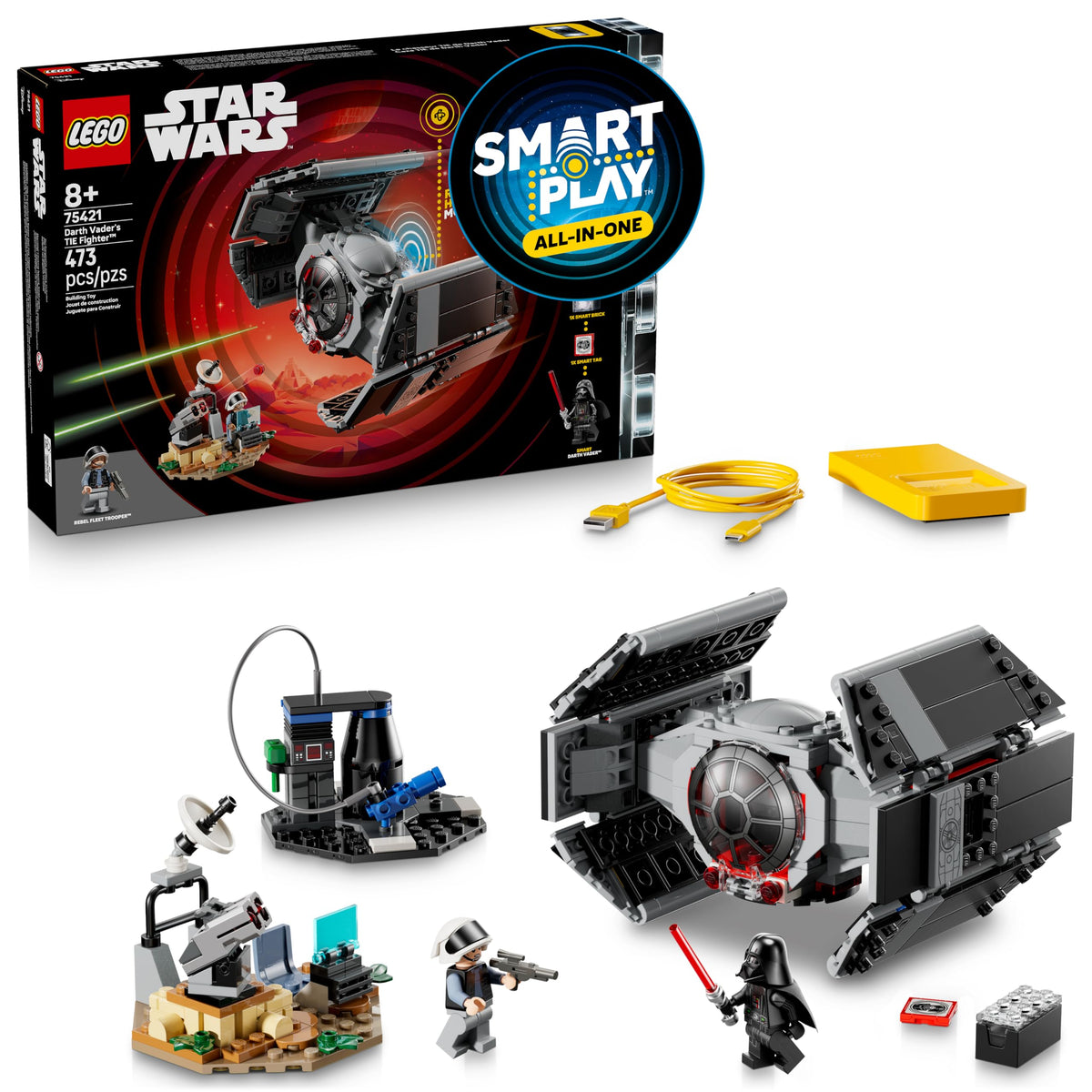 LEGO Star Wars SMART Play Darth Vader's TIE Fighter assembly shows immersive motion-activated lighting.