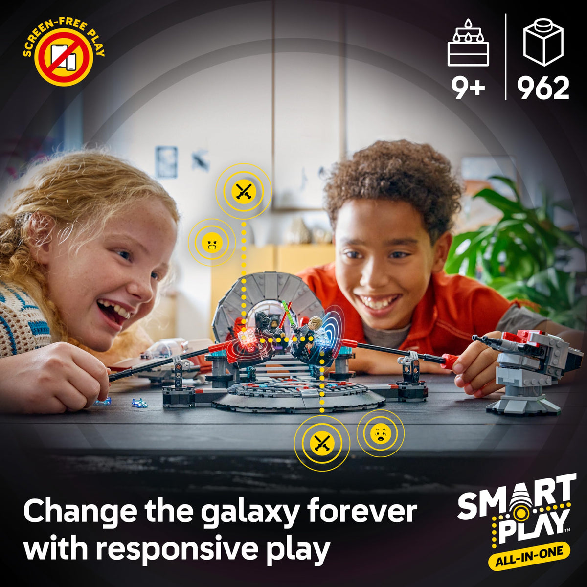 LEGO Star Wars SMART Play Luke, Vader, and Palpatine figures reacting to play.