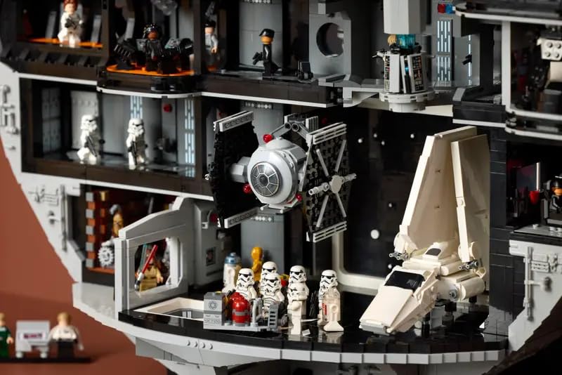 LEGO Star Wars TIE Fighter docked on hangar rack for extended play.