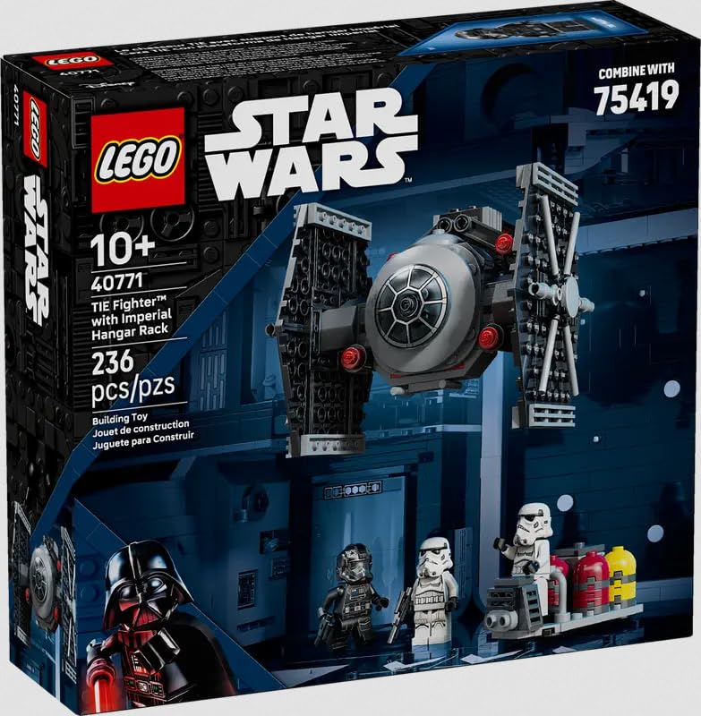 LEGO Star Wars TIE Fighter hangar rack display for imaginative play.
