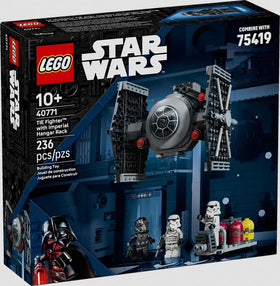 LEGO Star Wars TIE Fighter hangar rack display for imaginative play.
