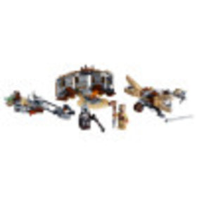 Grogu seated on the speeder bike in LEGO Trouble on Tatooine 75299 for kid-friendly adventures.