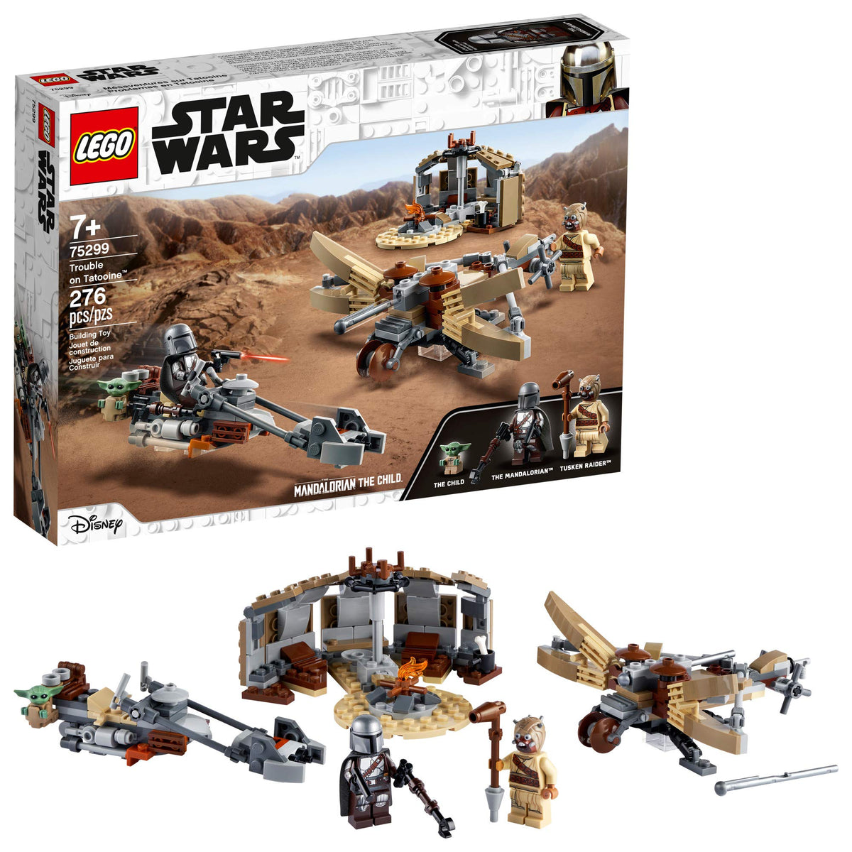 LEGO Star Wars Trouble on Tatooine 75299 speeder bike with Grogu, ideal for imaginative play.