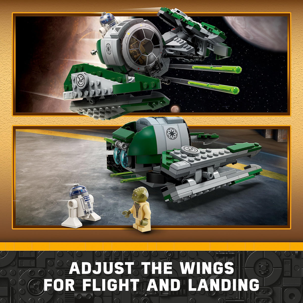LEGO Star Wars Yoda's Jedi Starfighter wings extended for dynamic flight poses.