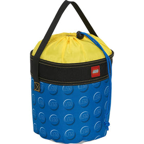 LEGO Storage Cinch Bucket Blue, front view, durable fabric and clear base for quick cleanup