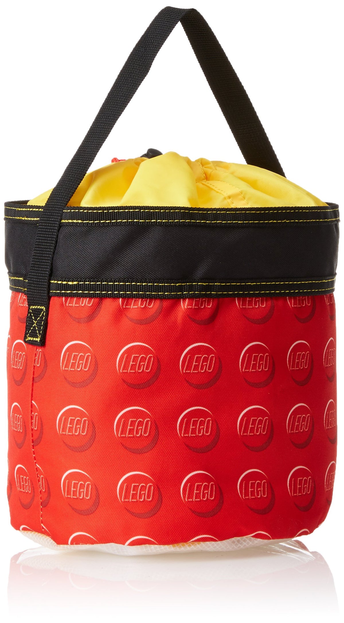 LEGO Storage Cinch Bucket Red, close-up on durable fabric and printed design for longevity.