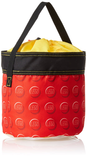 LEGO Storage Cinch Bucket Red, close-up on durable fabric and printed design for longevity.