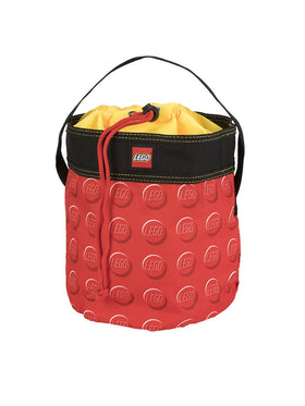 LEGO Storage Cinch Bucket Red, front view highlighting easy cleanup of LEGO bricks.
