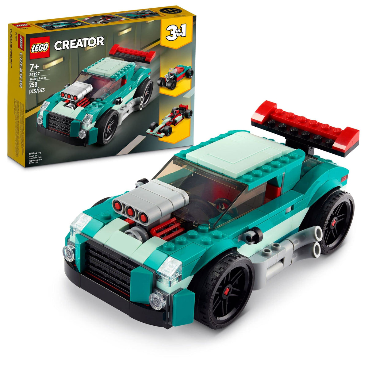 LEGO Street Racer 3in1 with side pipes for authentic race detail and immersive play