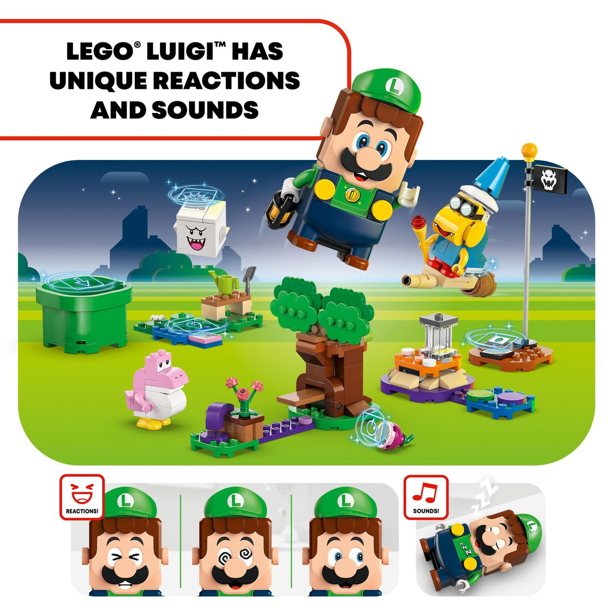LEGO Super Mario Boo figure creates surprises during garden adventures.