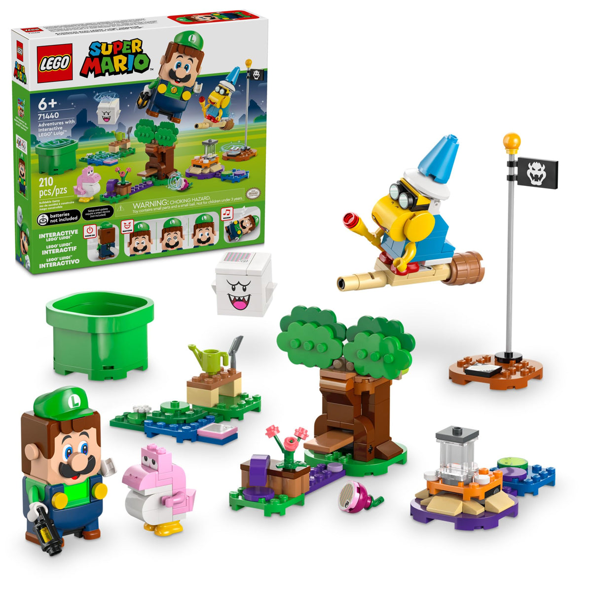 LEGO Super Mario interactive Luigi figure ready for garden quest play and coin collection.