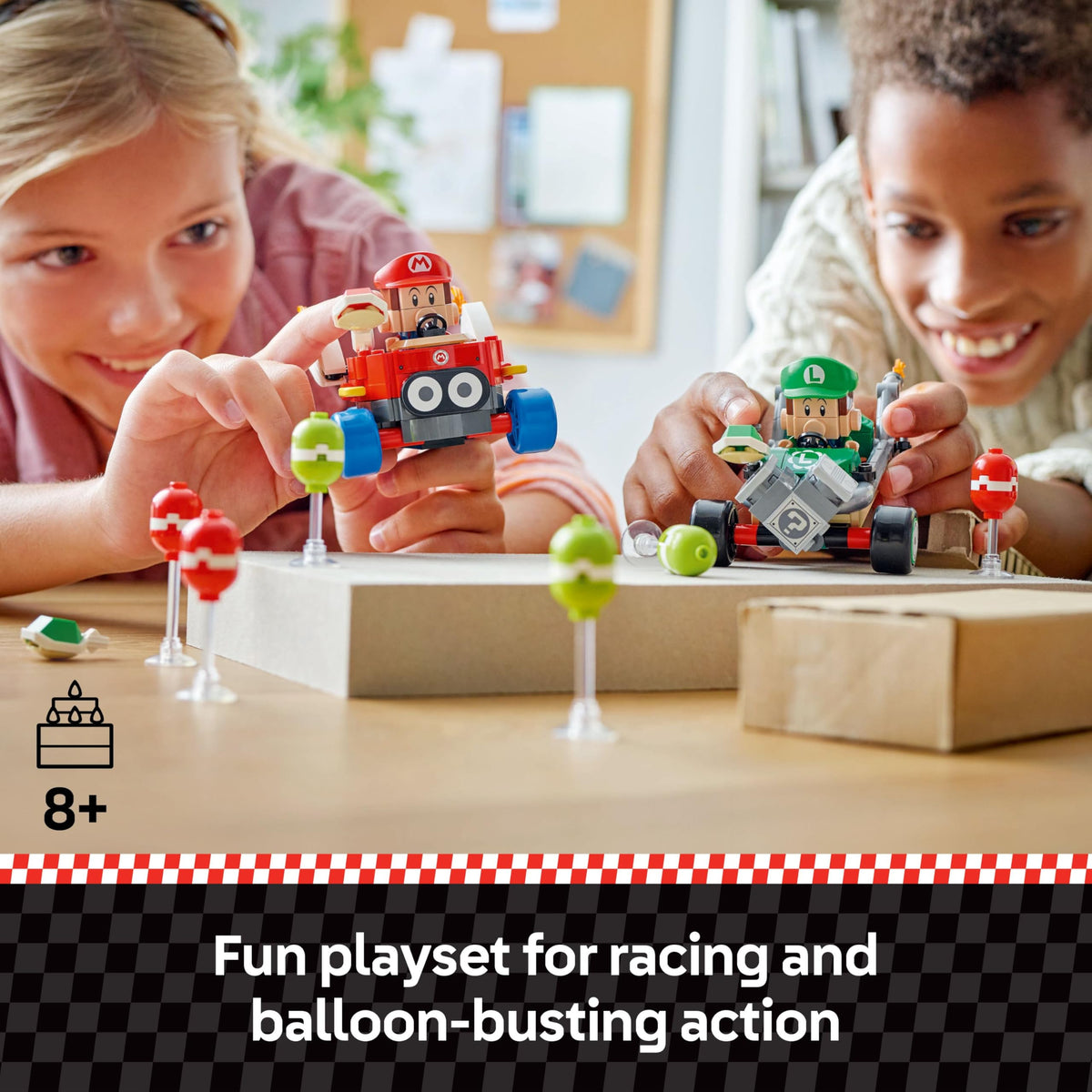 LEGO Super Mario Baby Luigi in a Tri-Speeder ready to race.