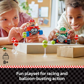LEGO Super Mario Baby Luigi in a Tri-Speeder ready to race.