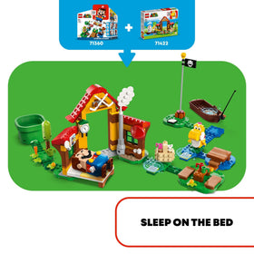 Bedroom bed and picnic basket create cozy storytelling and snack moments.