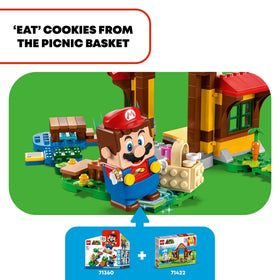 LEGO Mario boat with fishing feature reveals on-screen catch during play.