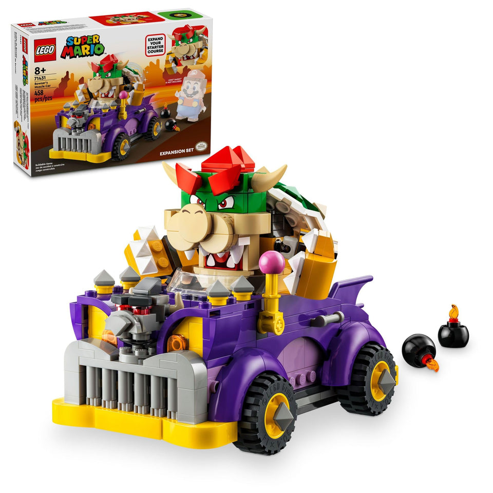 LEGO Super Mario Bowser’s Muscle Car hood ornament moves for imaginative play.