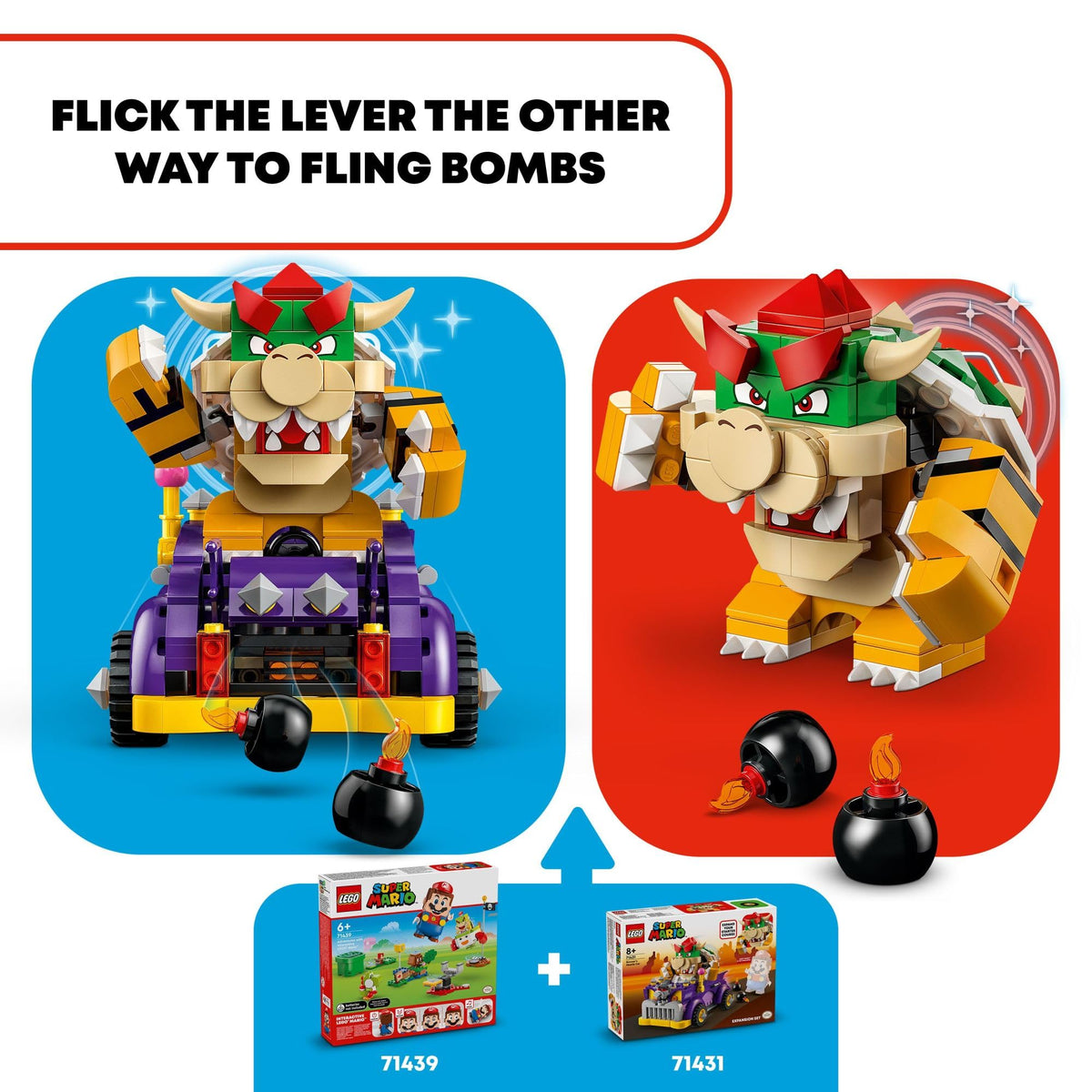 LEGO Mario figures enable beeps, engine roars, and coin collecting during car adventures.