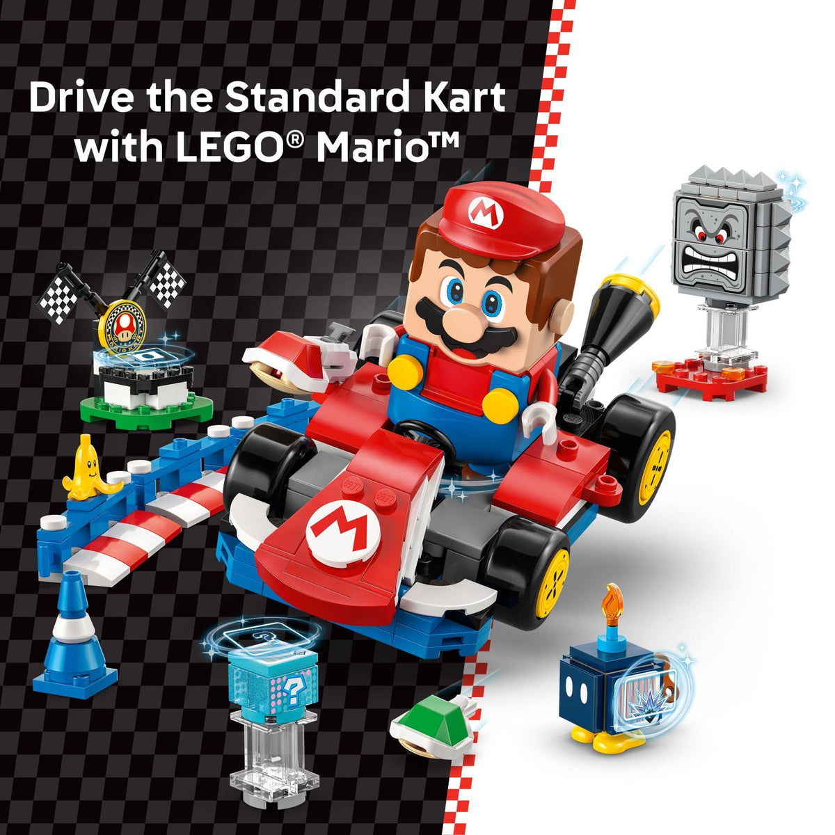LEGO Super Mario Bob-omb and Thwomp figures add obstacle challenges.