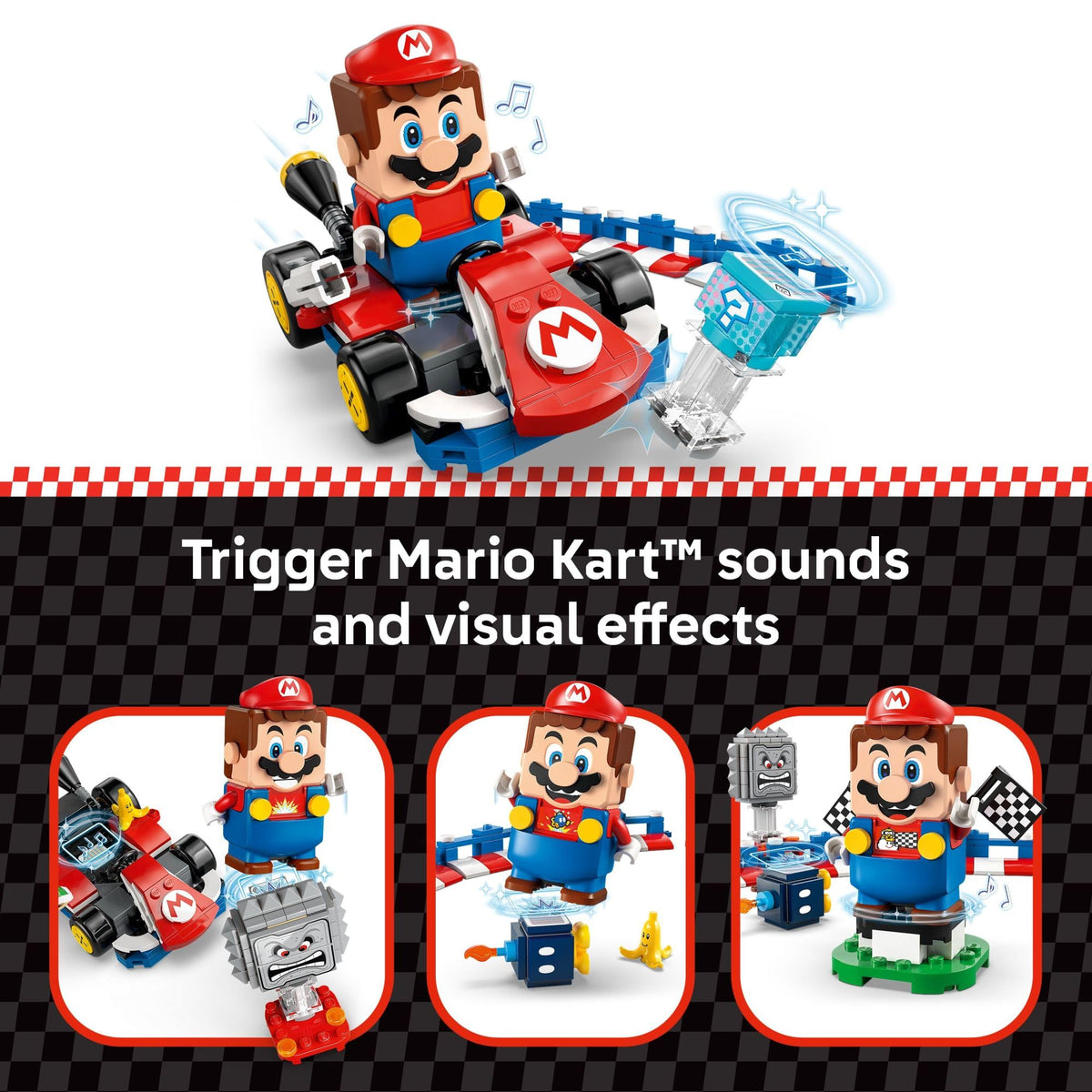 LEGO Super Mario drifting action on kart promotes engaging pretend racing.