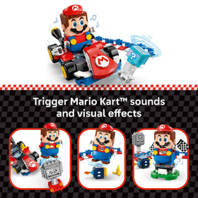 LEGO Super Mario drifting action on kart promotes engaging pretend racing.