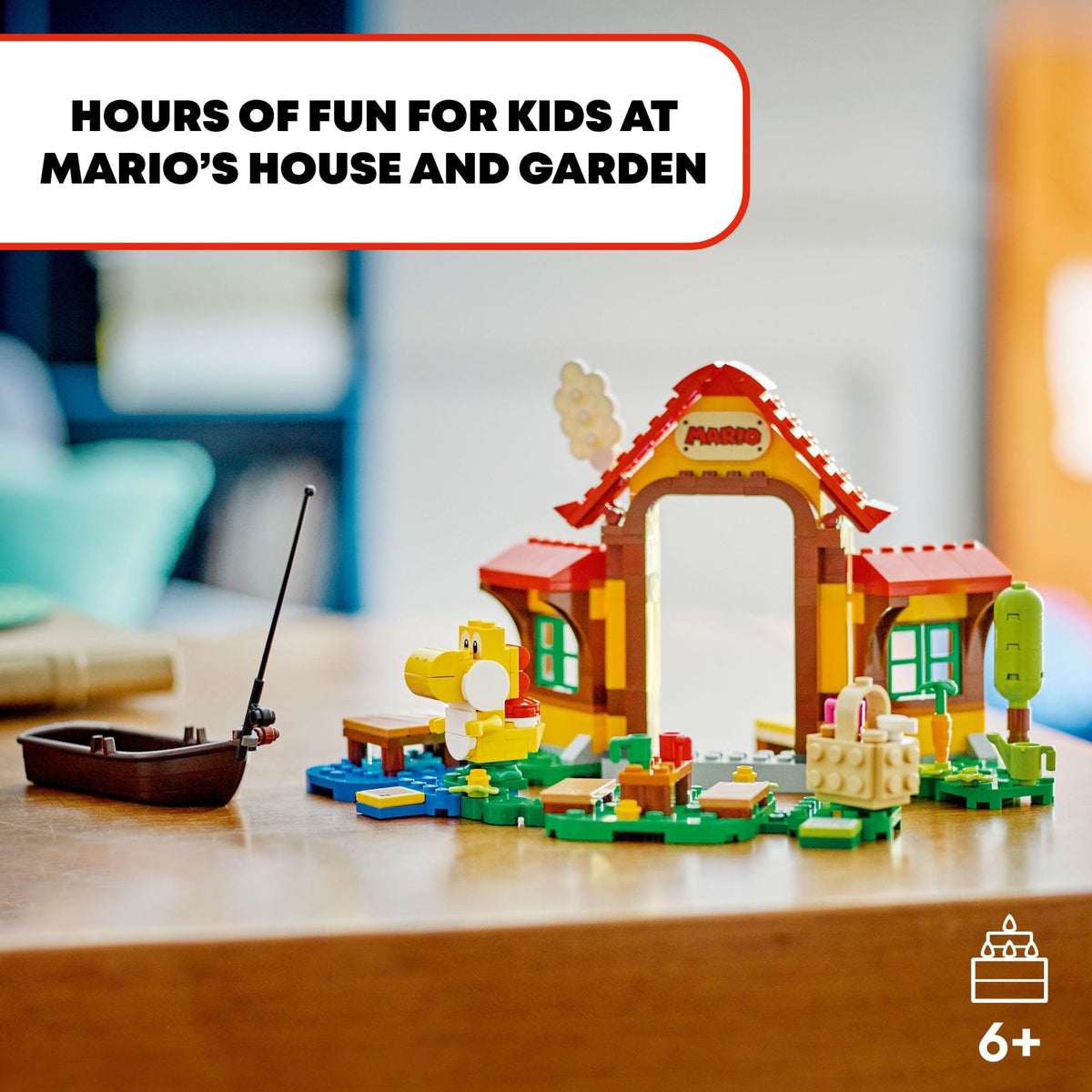 Yellow Yoshi figure greets LEGO Mario for imaginative adventures and stories.
