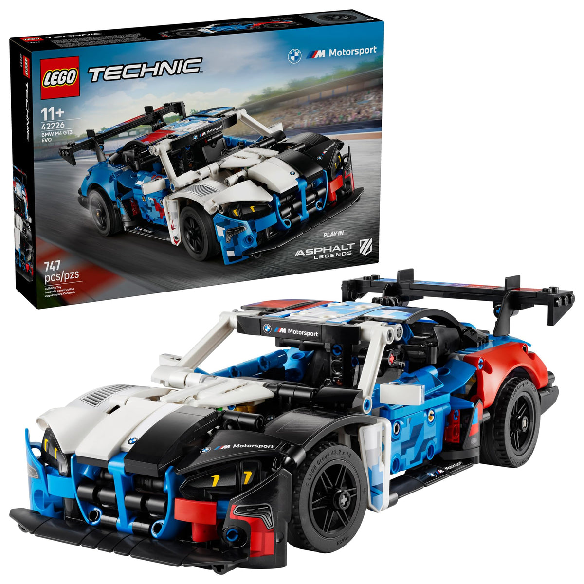 LEGO Technic BMW M4 GT3 EVO front view showcases bold BMW design for display and play