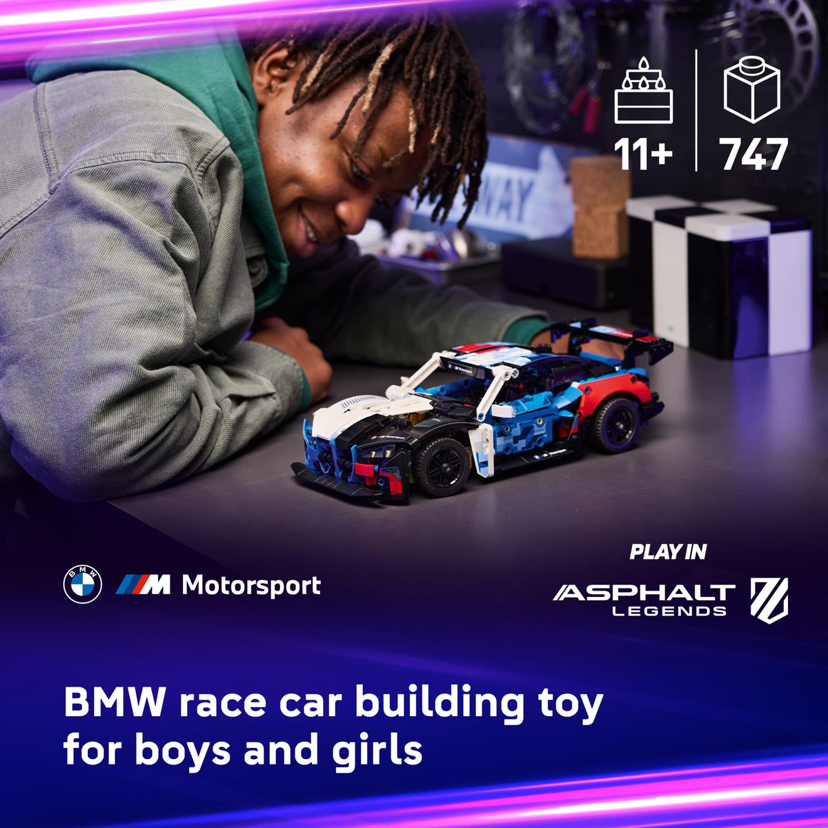 LEGO Technic BMW M4 GT3 EVO side profile ideal for shelf display and dynamic scenes