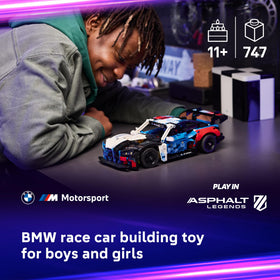 LEGO Technic BMW M4 GT3 EVO side profile ideal for shelf display and dynamic scenes