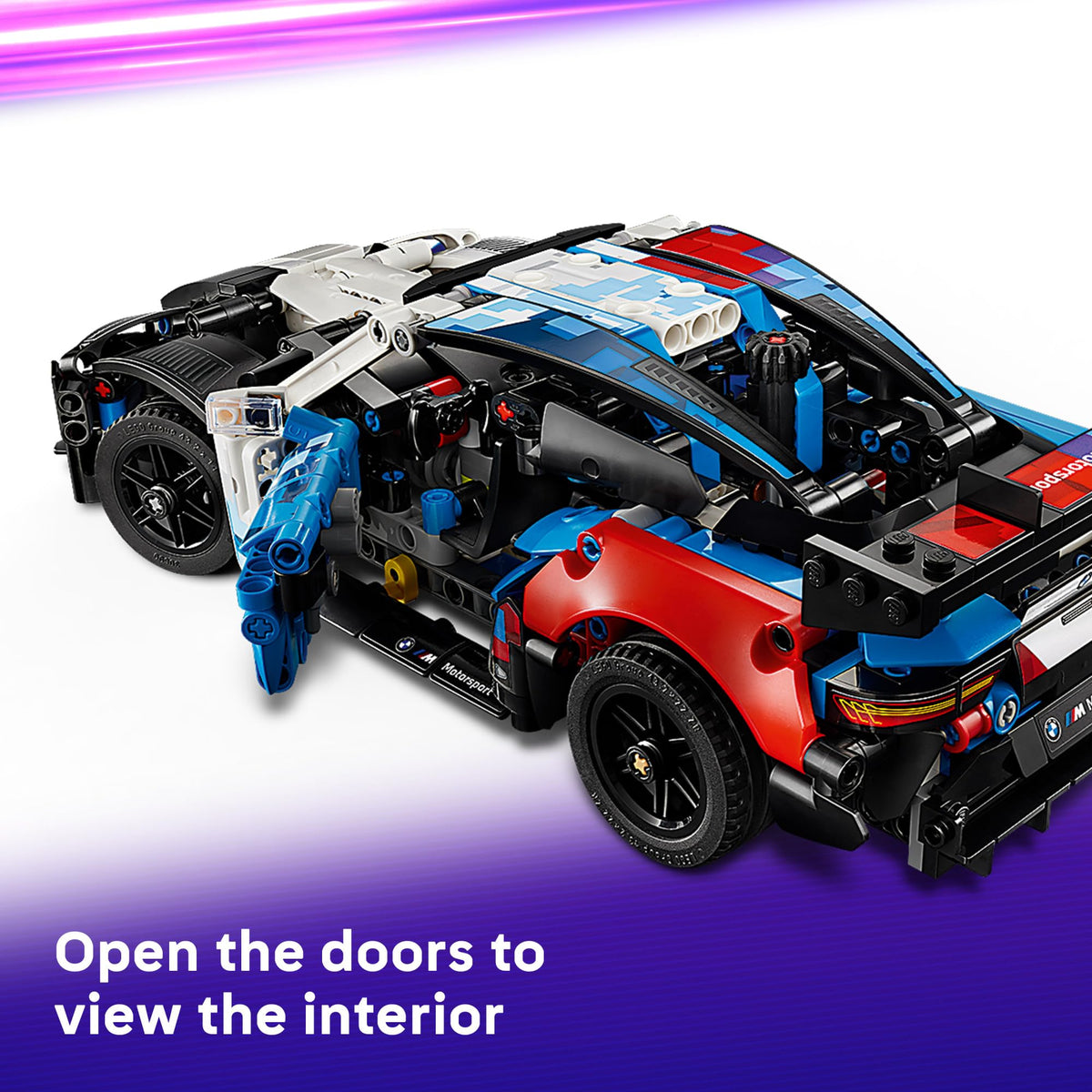 LEGO Technic BMW M4 GT3 EVO steering function demonstrates realistic vehicle mechanics