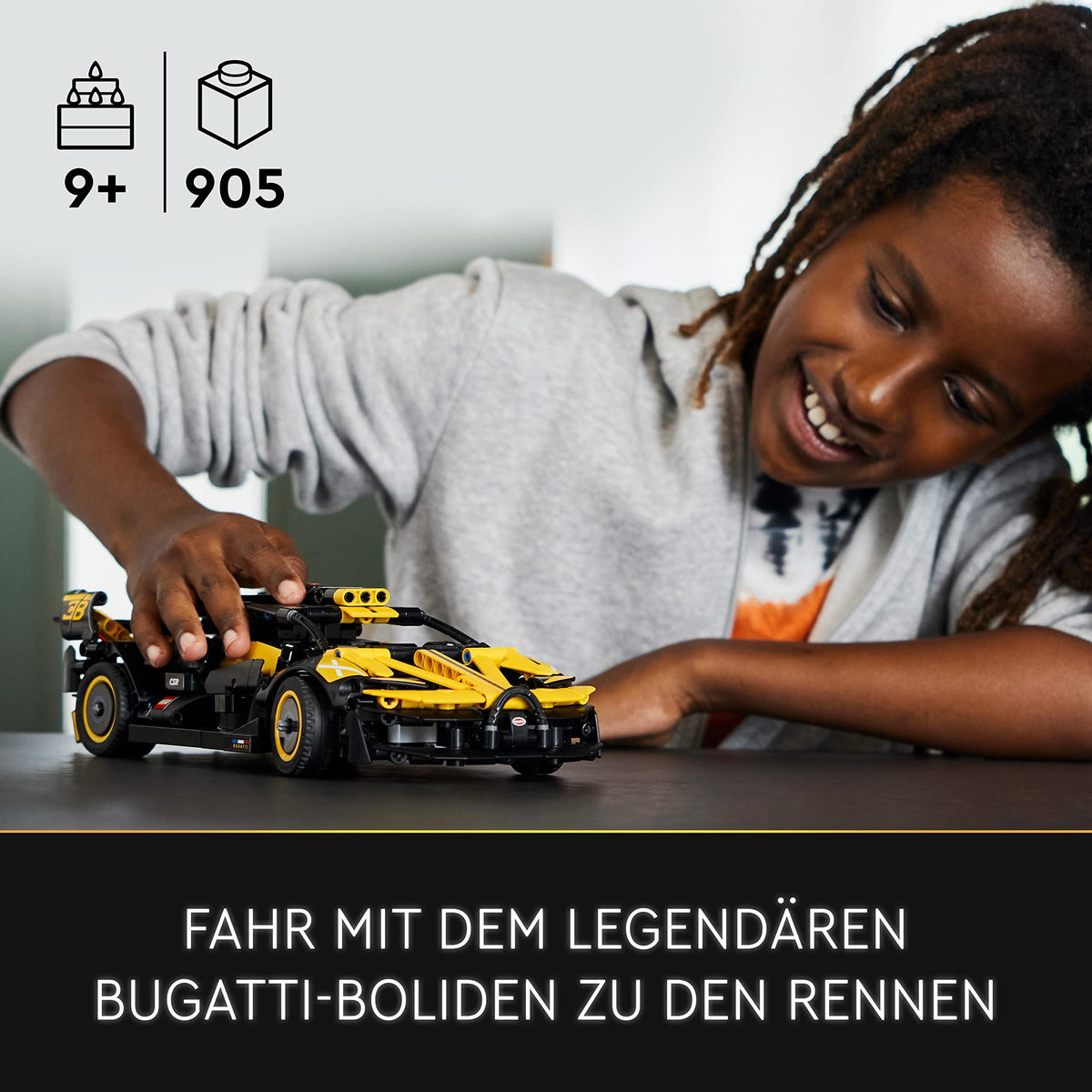 LEGO Technic Bugatti Bolide doors open with a precise scissor mechanism.