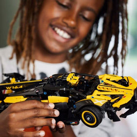 LEGO Technic Bugatti Bolide rear view shows sleek silhouette and authentic styling.