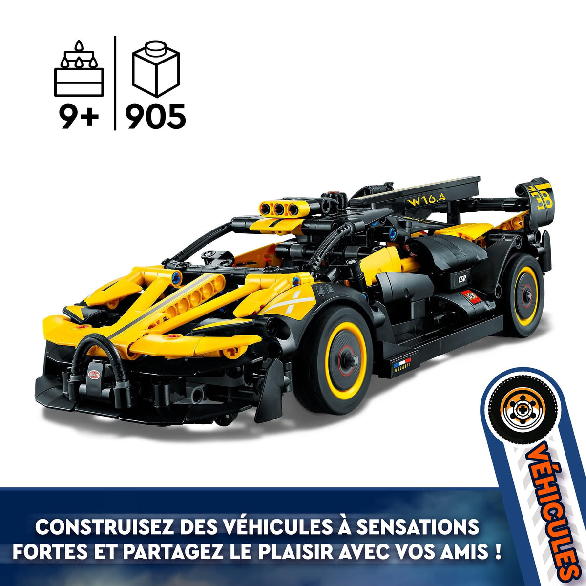 LEGO Technic Bugatti Bolide model shown in a kid's room for imaginative play.