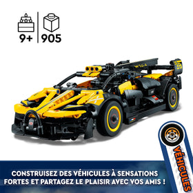 LEGO Technic Bugatti Bolide model shown in a kid's room for imaginative play.