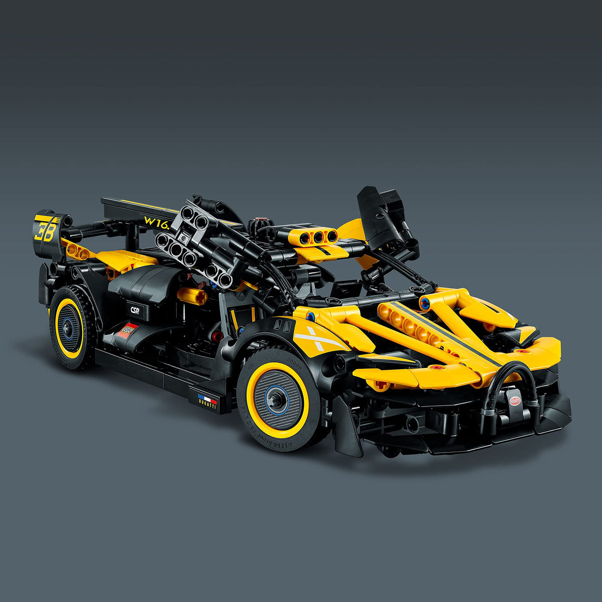 LEGO Technic Bugatti Bolide yellow-black color scheme for bold display.