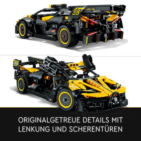 LEGO Technic Bugatti Bolide yellow and black theme on a display-ready body.