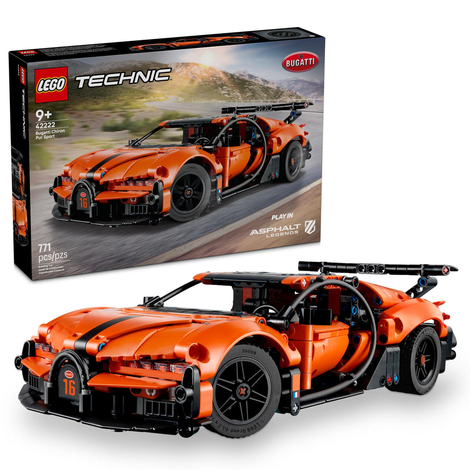 LEGO Technic Bugatti Chiron Pur Sport front view highlights precise build for immersive play and display.