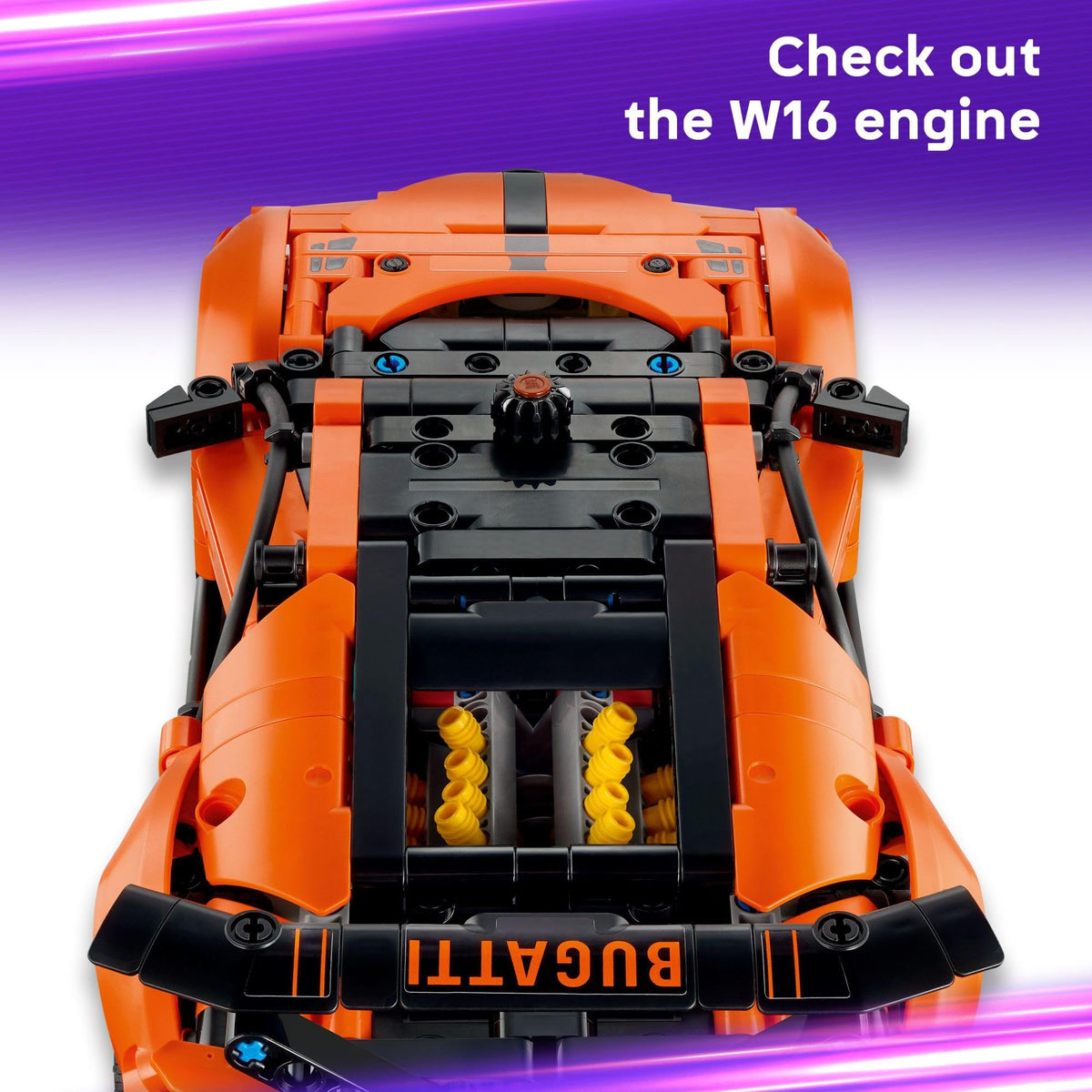 LEGO Technic Bugatti Chiron Pur Sport open hood reveals inner details for hands-on exploration.