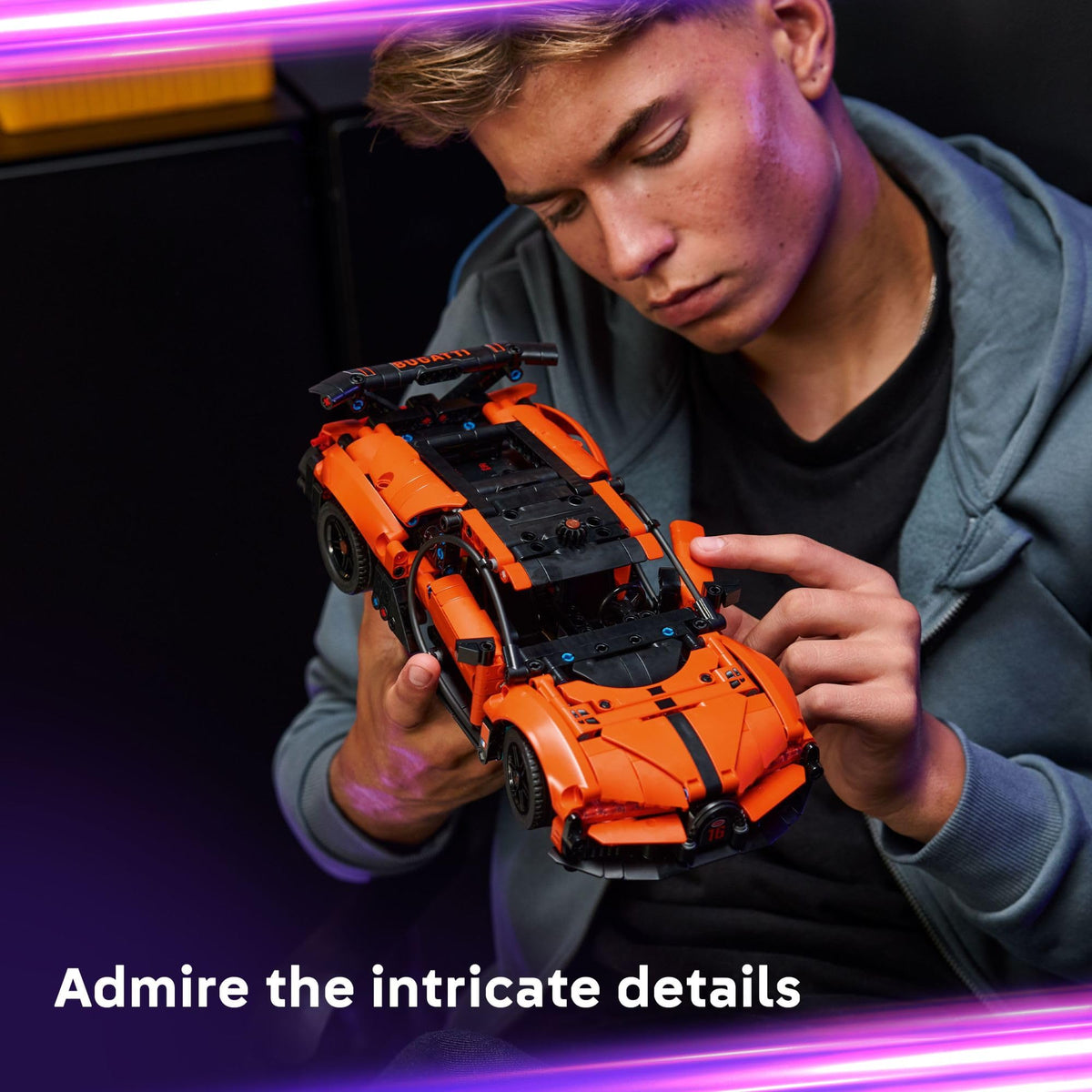 LEGO Technic Bugatti Chiron Pur Sport orange body with black details stands out in any collection.