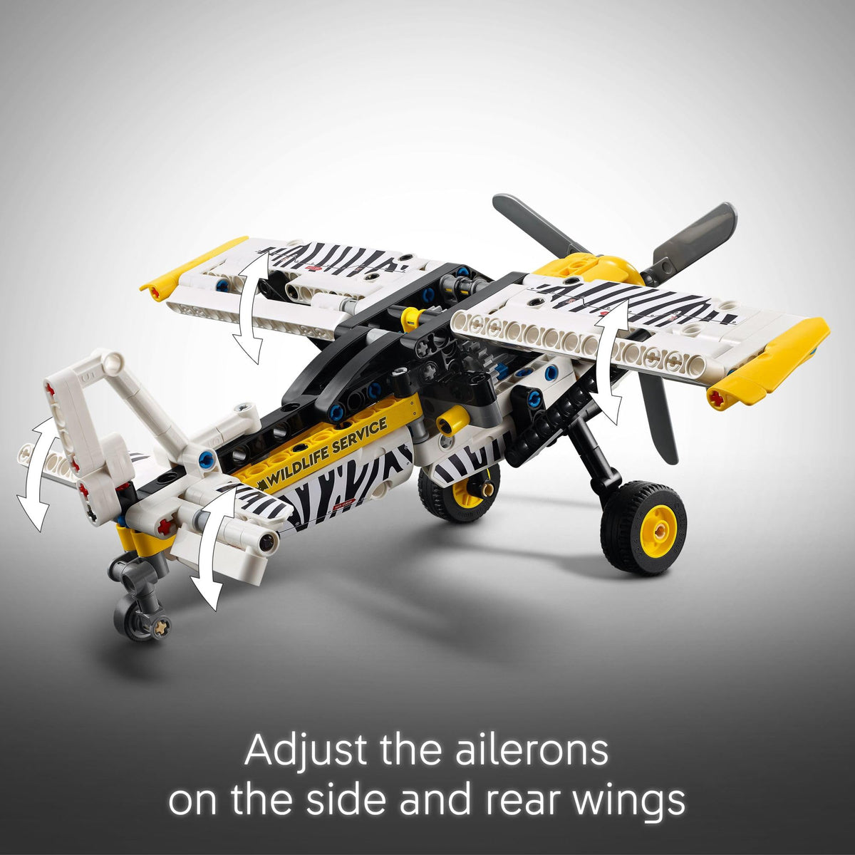LEGO Technic Bush Plane adjustable ailerons enable hands-on control during mock flight missions.