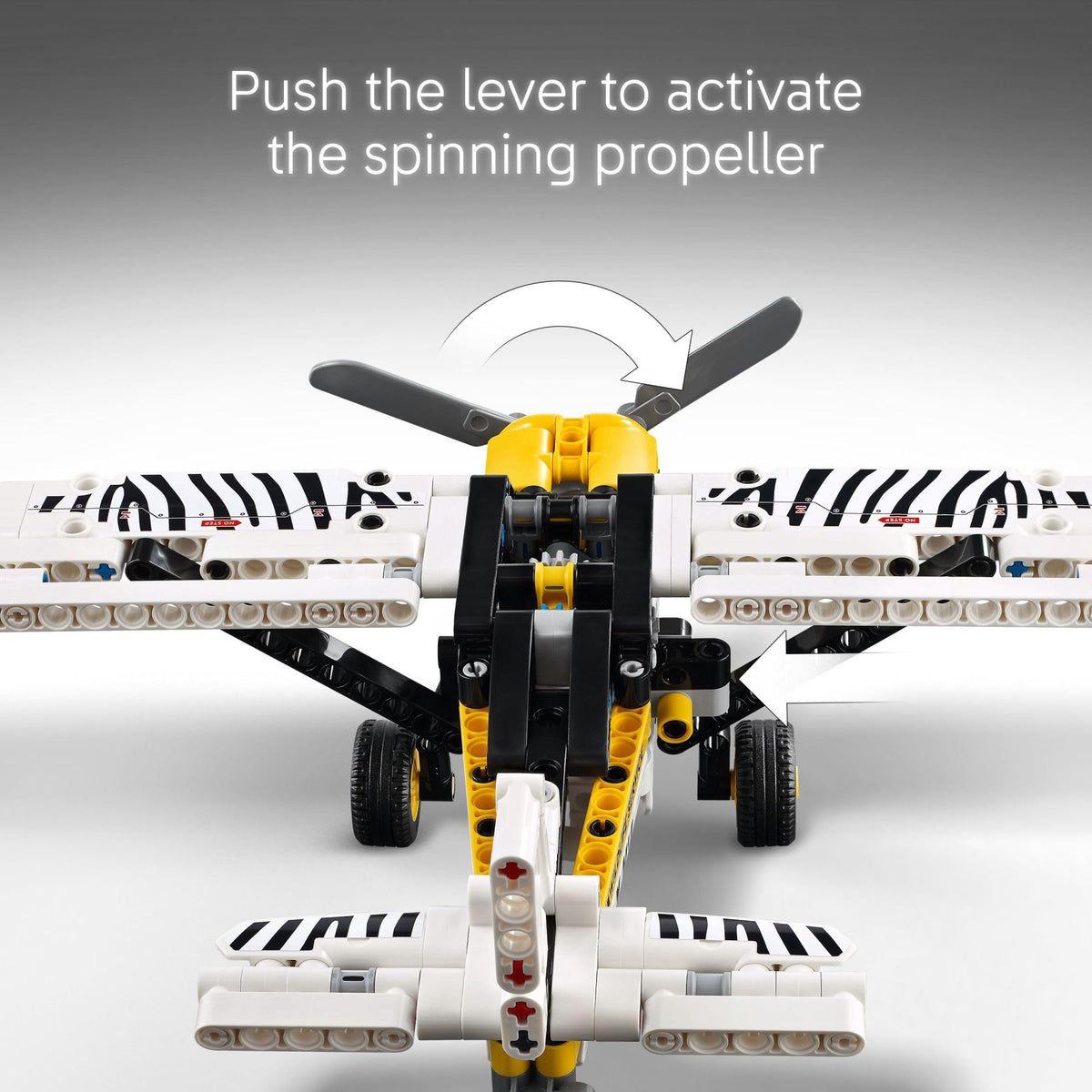 LEGO Technic Bush Plane zebra-print design highlights wildlife conservation themes in imaginative play.