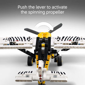 LEGO Technic Bush Plane zebra-print design highlights wildlife conservation themes in imaginative play.