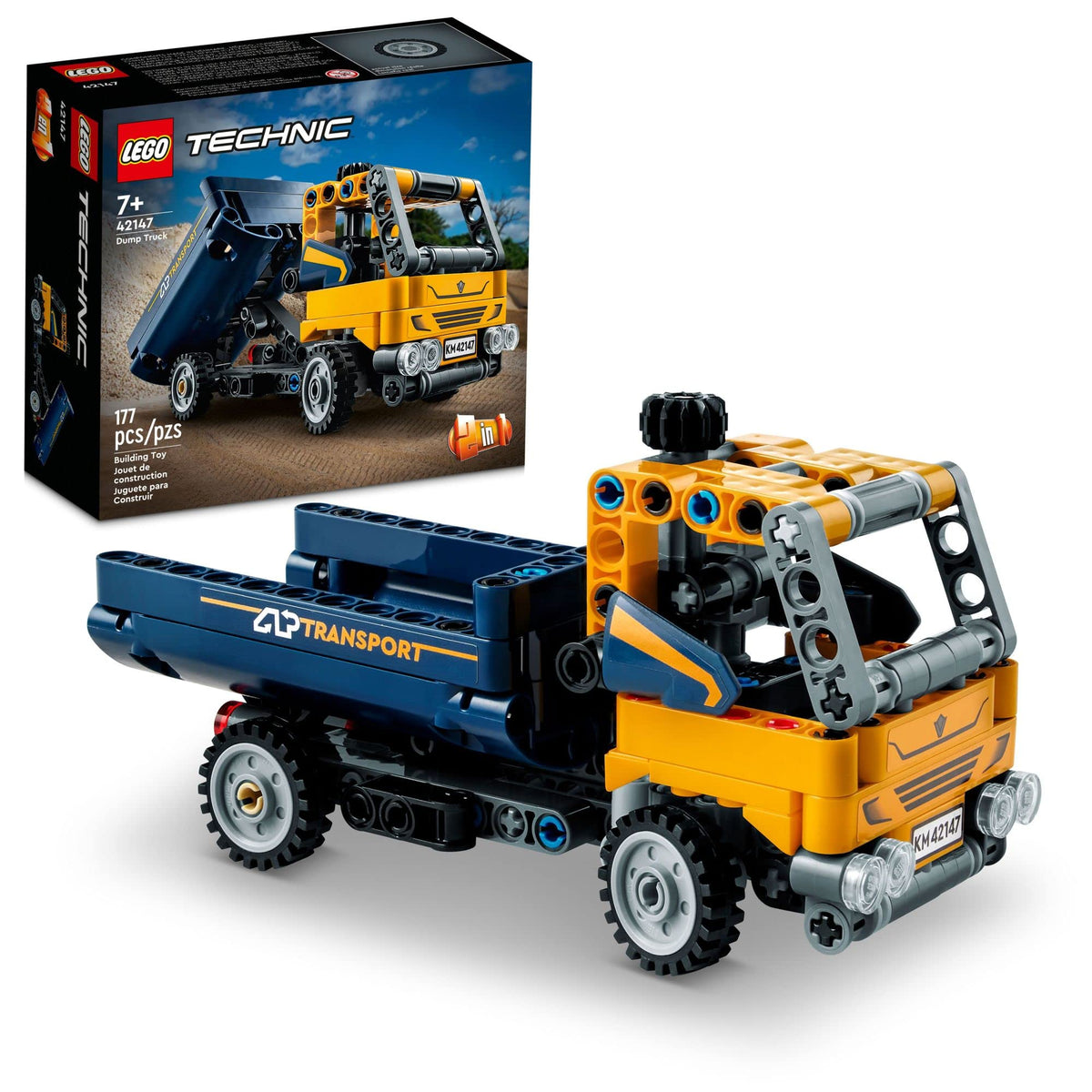 LEGO Technic Dump Truck 42147 front view showing steering-ready play