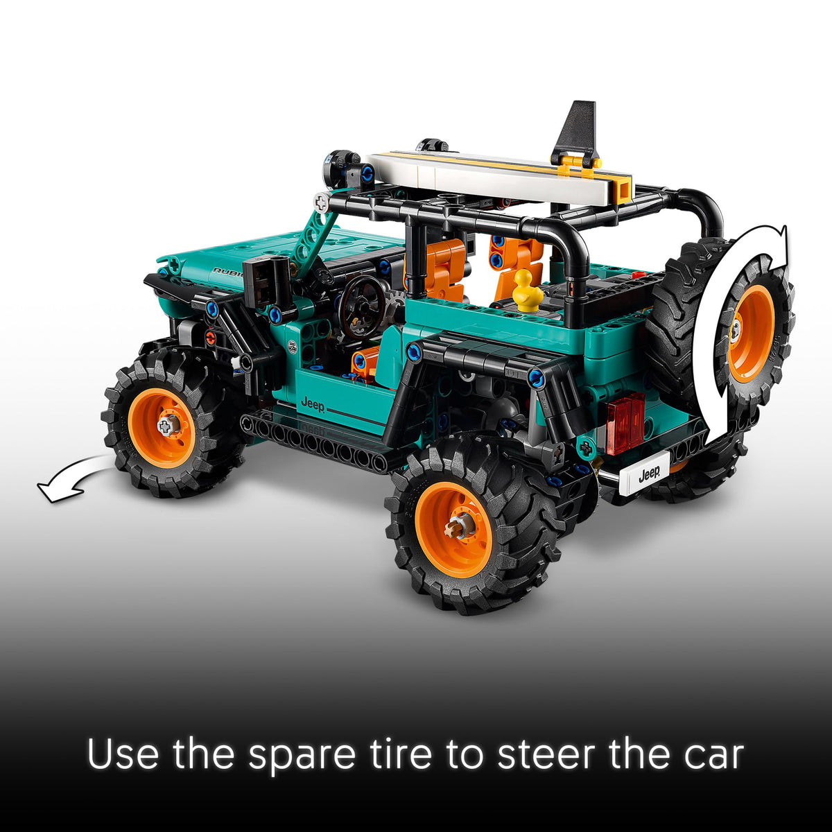 LEGO Technic Jeep Wrangler Rubicon SUV steering with spare tire function.