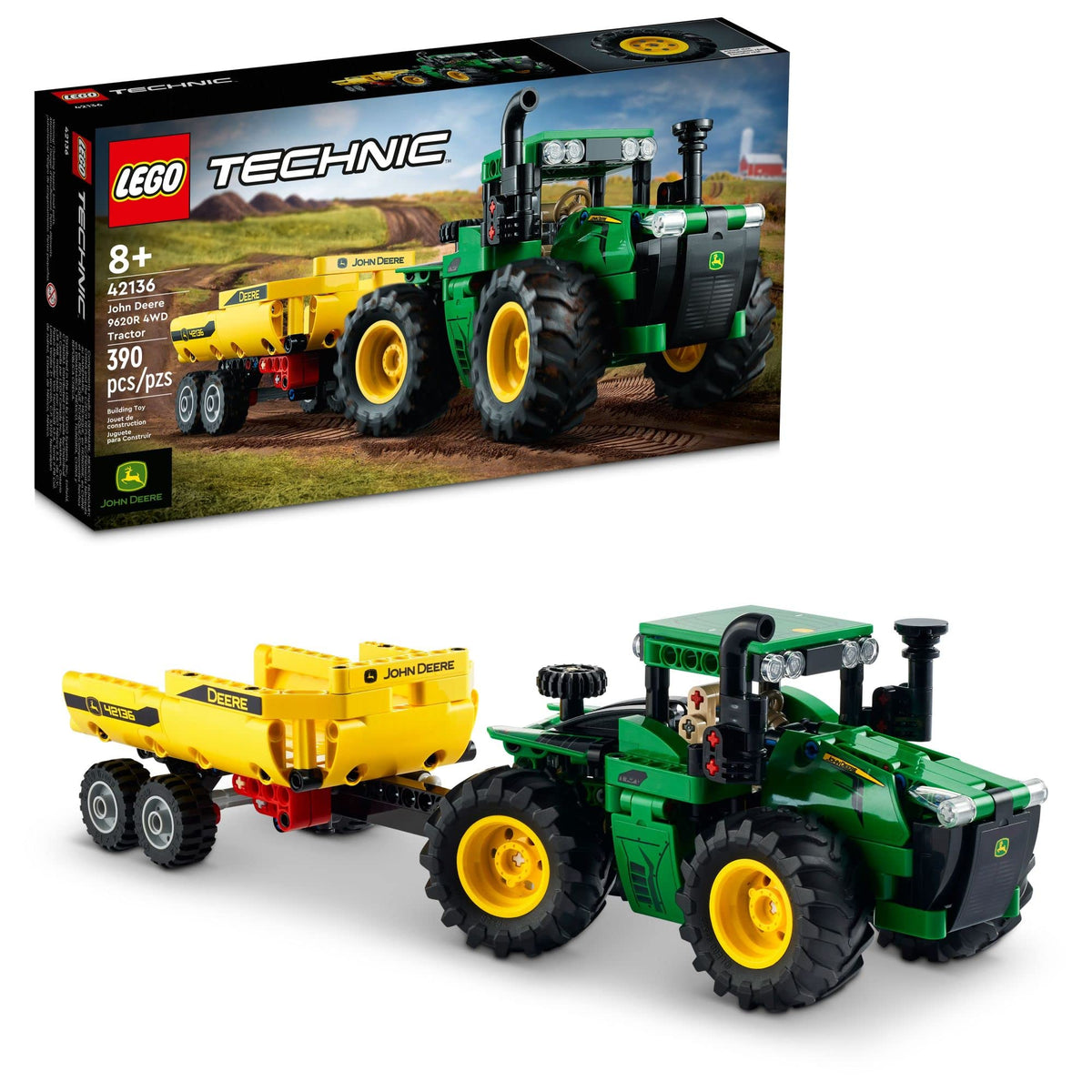 LEGO Technic John Deere 9620R tractor front view for realistic building and play.