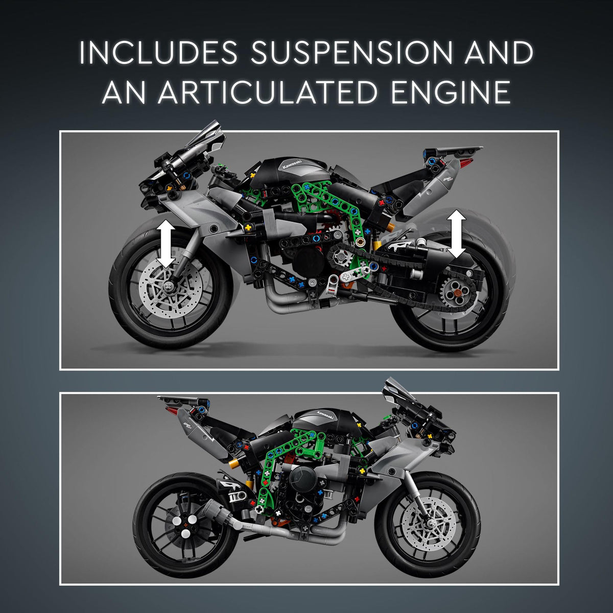 LEGO Technic Kawasaki Ninja H2R engine detail highlights the 4-piston engine realism.
