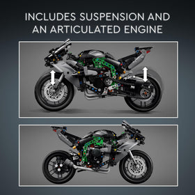 LEGO Technic Kawasaki Ninja H2R engine detail highlights the 4-piston engine realism.