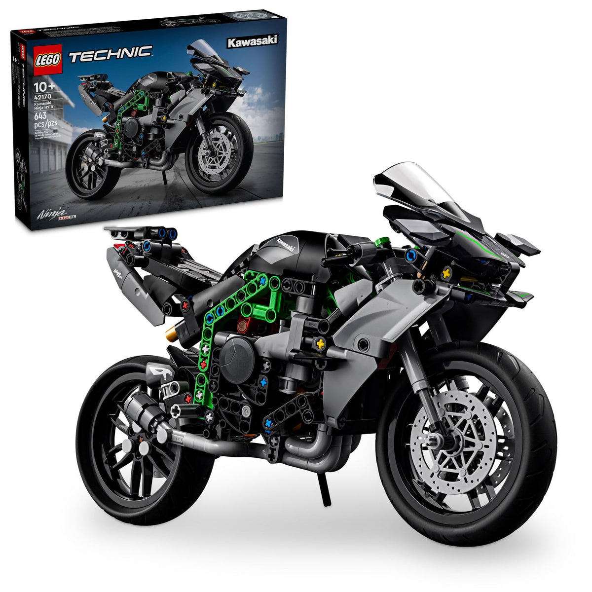 LEGO Technic Kawasaki Ninja H2R front view highlights authentic details for display and play.