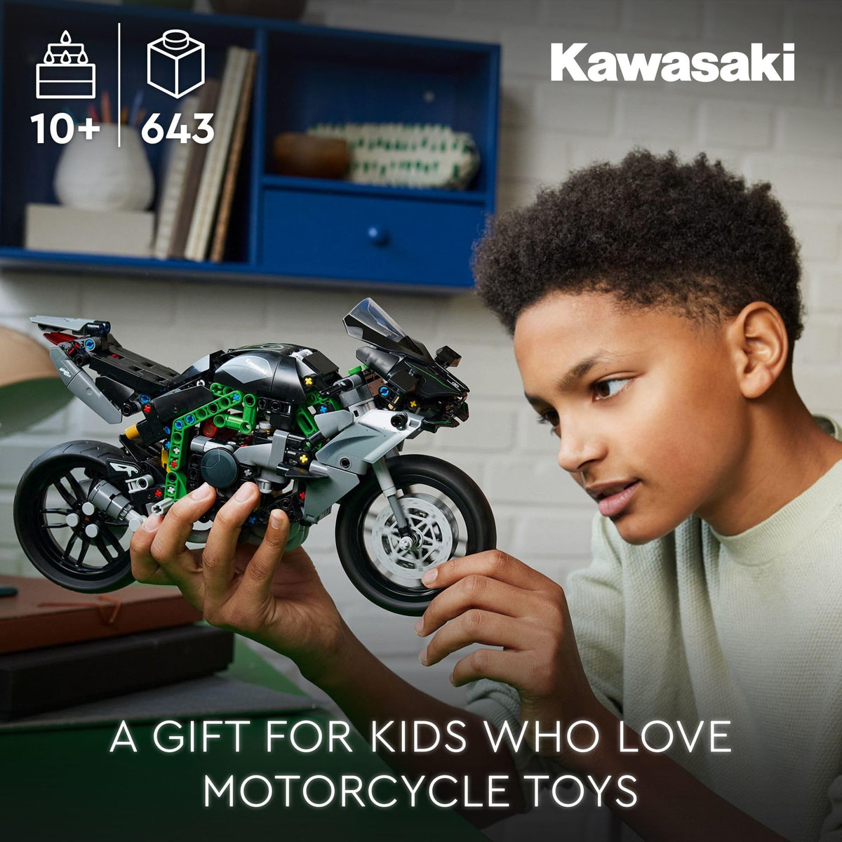 LEGO Technic Kawasaki Ninja H2R side view showcases scale model realism for collectors.