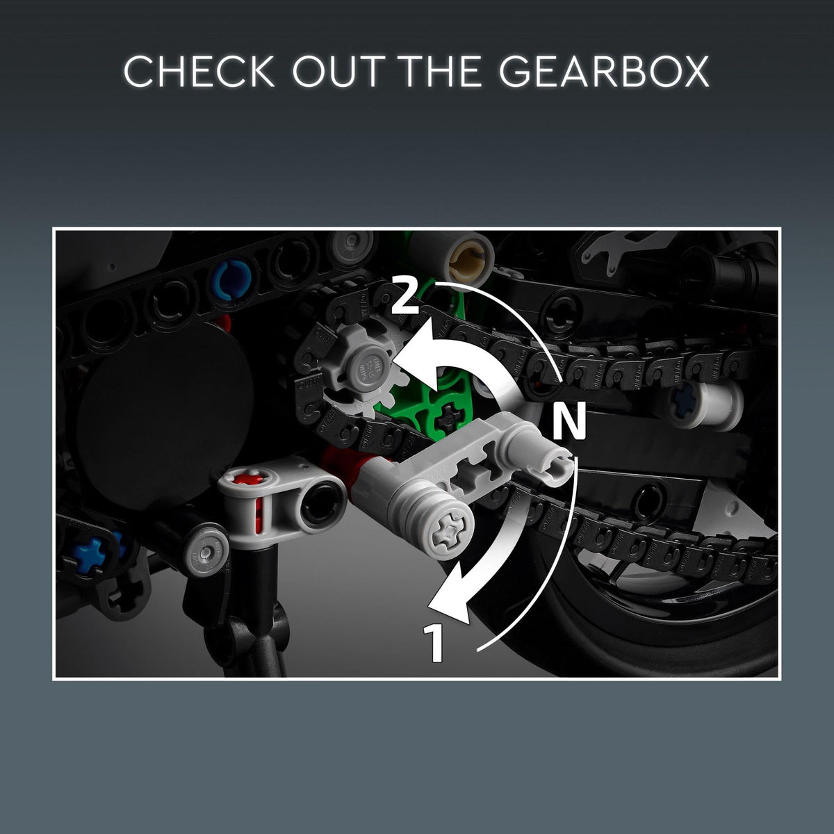 LEGO Technic Kawasaki Ninja H2R suspension and gearbox detail enhances play and learning.
