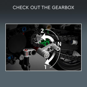 LEGO Technic Kawasaki Ninja H2R suspension and gearbox detail enhances play and learning.
